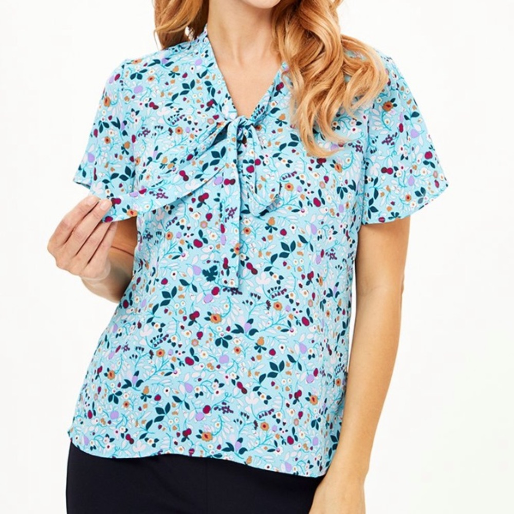 Turquoise Floral Tie-Neck Short-Sleeve Top